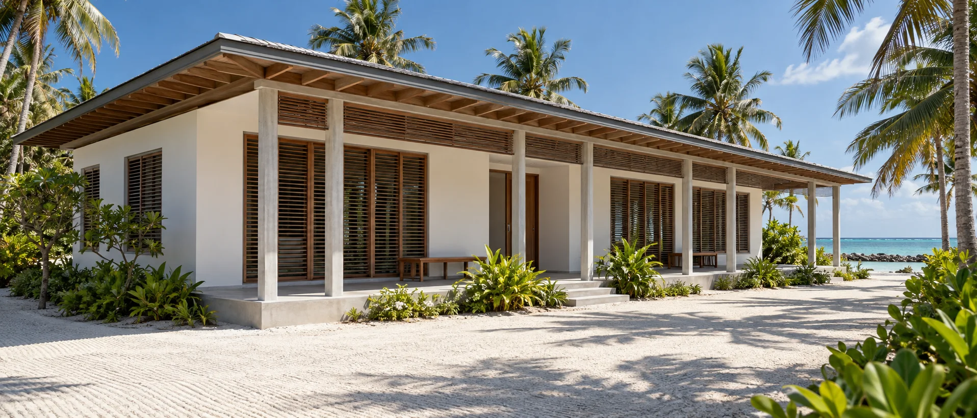 Concept study of a single-storey island clinic with a covered walkway and coconut palms.