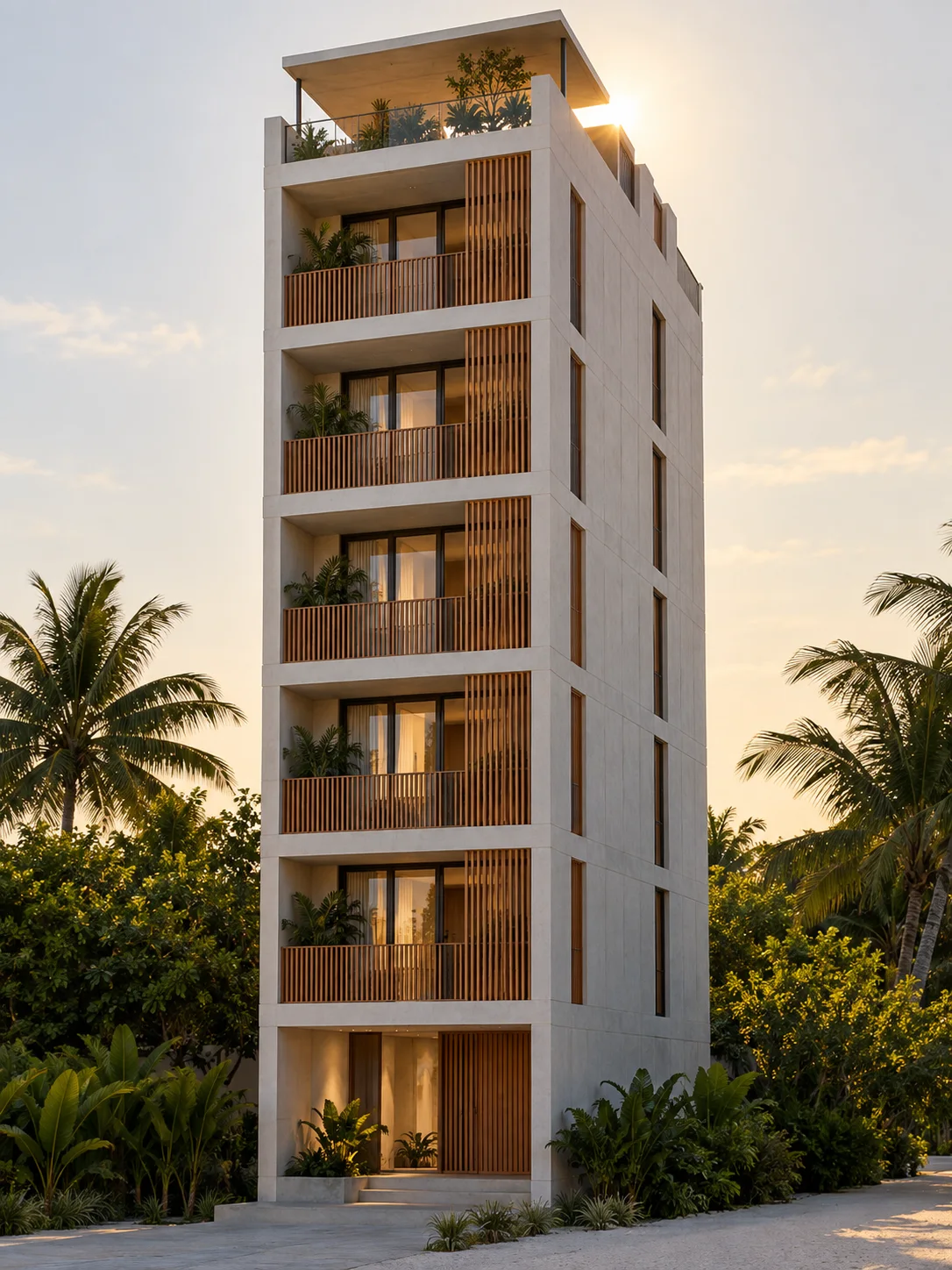 Concept study of a slender six-storey guesthouse tower in Hulhumalé with timber louvred balconies, the evening sun behind its parapet.