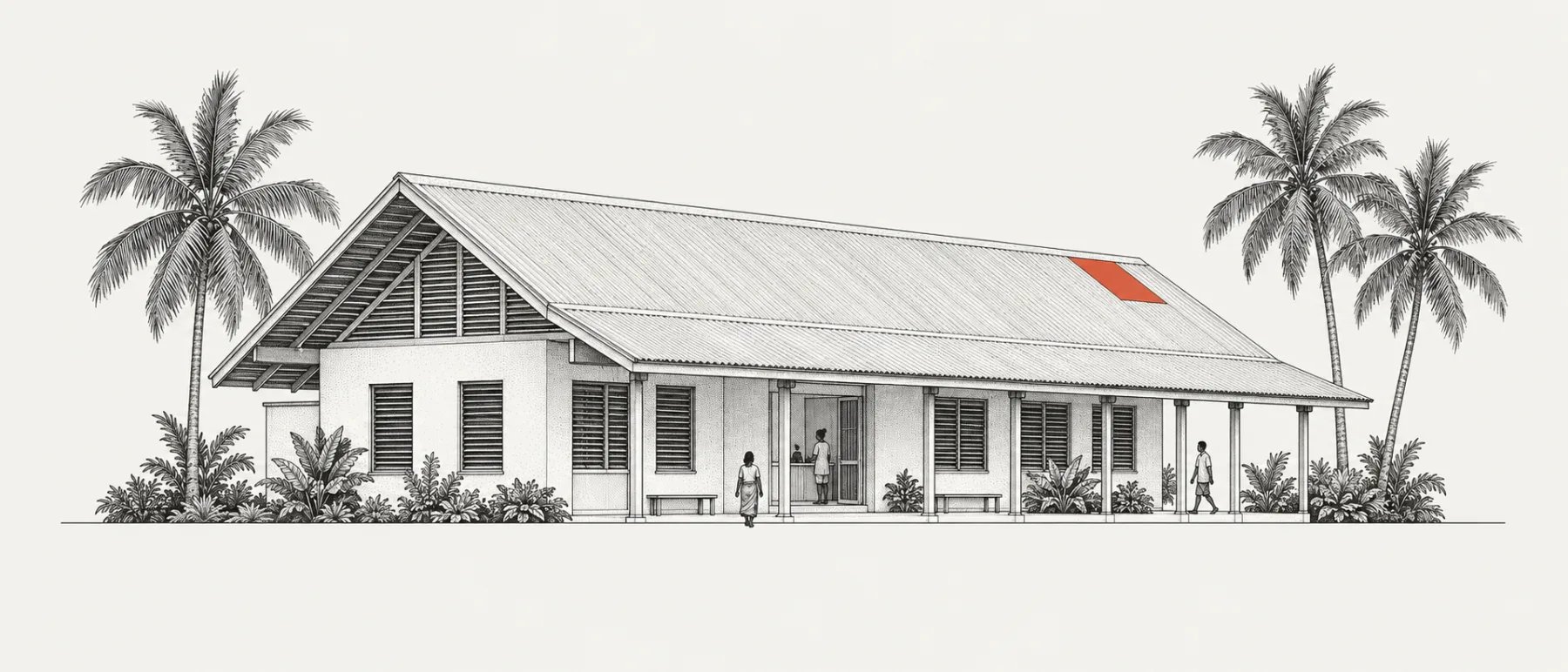 Isometric ink drawing of a single-storey island clinic with a covered walkway and coconut palms.