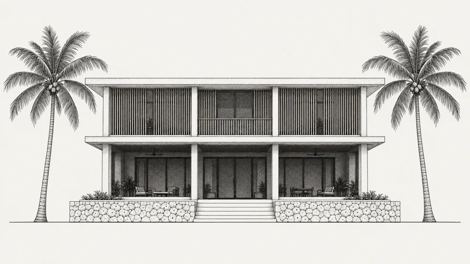 Ink elevation of a two-storey Maldivian residence with a deep verandah, louvred upper floor and two coconut palms.