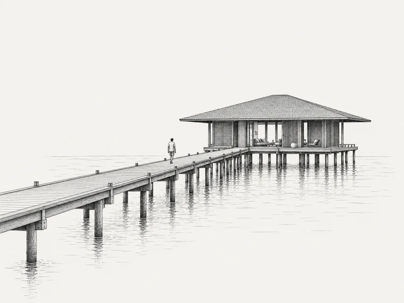 Ink drawing of a resort water villa on timber piles with a long jetty and one figure for scale.