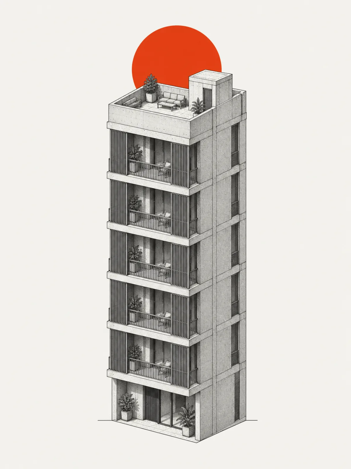 Shaded axonometric of a slender six-storey guesthouse tower with a red sun disc behind the parapet.